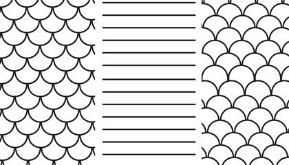 Set of black and white minimalist geometric patterns featuring fish scales and horizontal parallel lines for background designs. © Mst