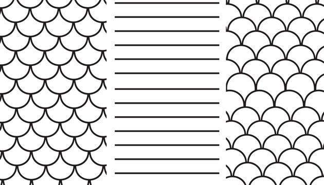 Set of black and white minimalist geometric patterns featuring fish scales and horizontal parallel lines for background designs.