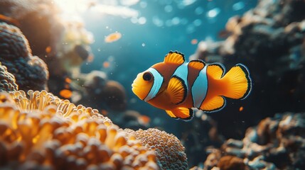A vibrant orange and white clownfish swims among colorful coral reefs, lit by sunlight