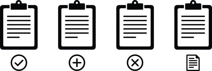 Set of black clipboard icons with check mark plus and cross symbols for document management and task tracking.
