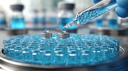 Close-up of a gloved hand holding a pipette, dispensing a blue liquid into vials