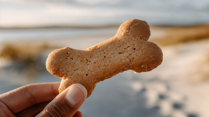 Dog Beach Adventure Hand Holding a Dog Treat at Sunlit Shoreline for Happy Pet