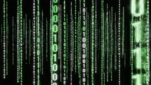 Digital rain composed of glowing green and white binary code, falling against a black background, abstract texture
