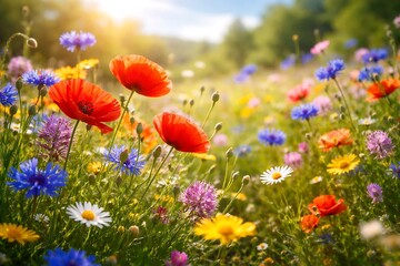Vibrant wildflowers bloom in a sunny meadow with red poppies and blue cornflowers