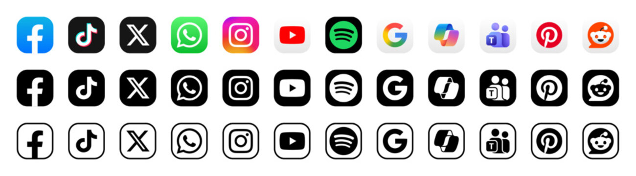 Social media icon logo vector set. Instagram, X, facebook, tiktok app. Popular social media icons button fit for web, mobile app