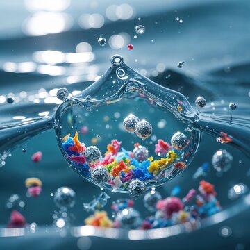 Tiny nanobots trapping microplastics inside a macro seawater drop, 8K detail.