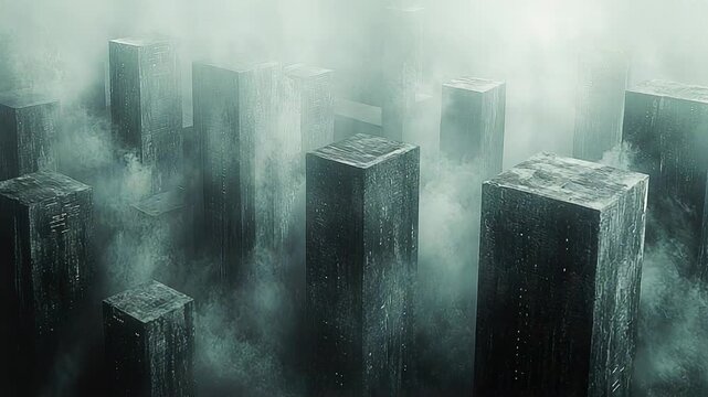 Brutalist towers pierce thick ethereal fog in a dark, dystopian cityscape, concrete monoliths looming with eerie, futuristic isolation and industrial decay under grey skies