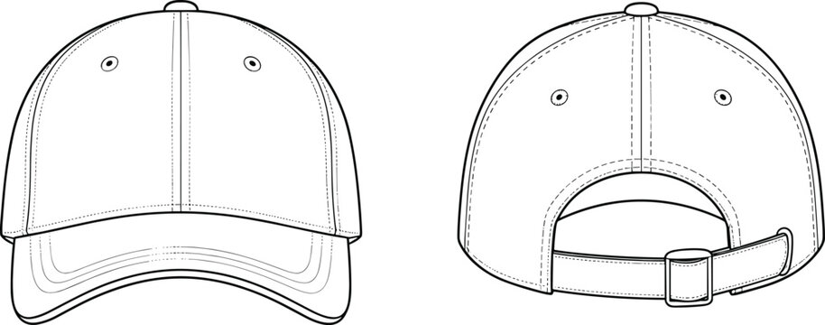 Front and back view line art illustration of a classic baseball cap mockup for apparel design and branding.