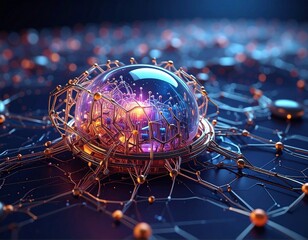 Digitally rendered atomic structure with glowing orange central sphere and orbiting nodes connected by metallic segments, set against backdrop of similar units, symbolizing nanotech or quantum mechani