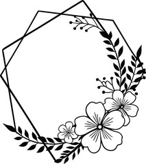 Elegant Floral Geometric Frame with Hand Drawn Flowers and Leaves
