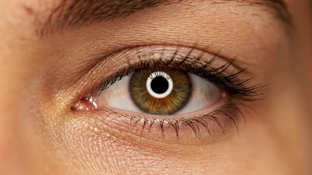 An extreme macro shot captures a striking hazel eye with long dark lashes, revealing intricate iris details and skin texture. The dilated pupil reflects a bright, circular light source, creating an i
