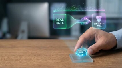 Synthetic data cyber warfare protection with real data digital security hologram technology floating cube connects with real data transfer - Powered by Adobe
