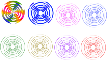 Multicolored digital abstract circular patterns isolated on transparent background for design