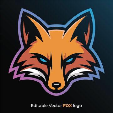 Vibrant orange fox head mascot logo with glowing blue eyes