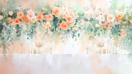 Floral watercolor decoration with pink roses for a festive table