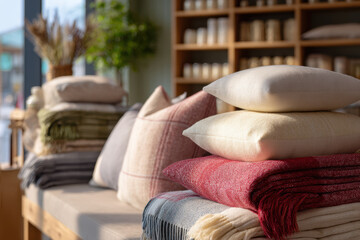 Cozy Furniture Shop Display with Soft Cushions and Warm Blankets in Natural Light