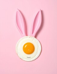 A playful Easter themed creative composition featuring a fried egg as the face of a bunny, with pink bunny ears on a pastel pink background, capturing a whimsical and festive atmosphere.