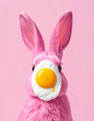 A creative Easter concept featuring a pink bunny with a fried egg placed on its nose. The bunny has fluffy fur, large ears, and a playful expression, set against a soft pink background.