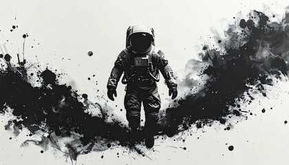 A brush-drawn ink painting of an astronaut in motion　筆で描いた躍動する宇宙飛行士の墨絵