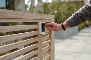 A person interacts with a high-tech control panel at a modern automated gate. LED strips highlight the gate's edges, providing soft shadows and reflections in a stylish setting