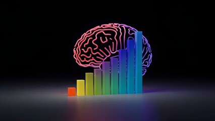 A colorful bar graph with a brain on top, symbolizing intelligence and data analysis in a modern business setting.