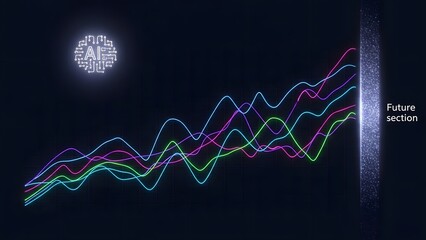 A futuristic graph with colorful lines and a glowing AI logo on a dark background