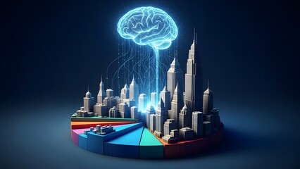 A futuristic cityscape with a glowing brain above it, symbolizing innovation and technology