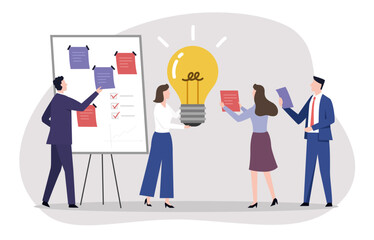 A group of business professionals gather for a creative brainstorming session. The scene shows a dynamic team collaborating to generate innovative solutions.