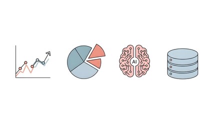 A collection of data analysis and artificial intelligence graphics on a white background