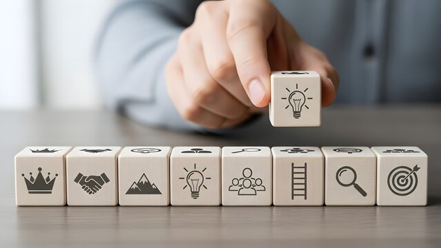 Business planning and analysis concept with wooden blocks showing strategy, data, growth and innovation icons - Powered by Adobe