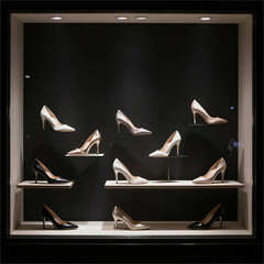 Elegant High Heels Displayed in a Chic Boutique Window, Urban Setting, Photo, Nighttime Ambiance, Captivating Perspective