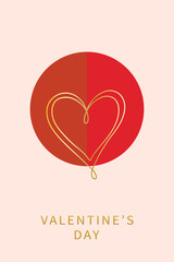 Valentine's Day poster with gold line art heart on pink background , minimalist luxury greeting card template.