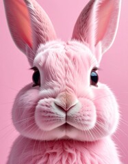 Close-up of a cute pink bunny face with fluffy fur, large expressive eyes, and soft features. A creative Easter concept with a pastel pink background, perfect for seasonal decorations and designs.