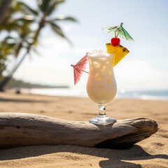 Tropical cocktail on a beach with palm trees and ocean backdrop.