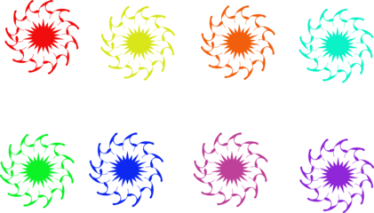 Multicolor graphic starburst mandalas isolated on transparent background for design and branding