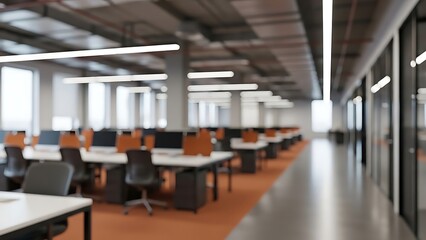 Blurred perspective of a modern, empty open-plan office space with contemporary design