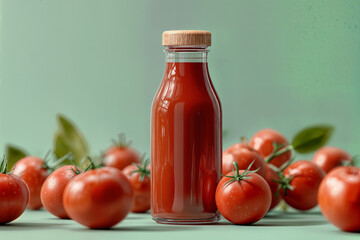 Fresh Ketchup Bottle Among Ripe Tomatoes on Green Background for Culinary