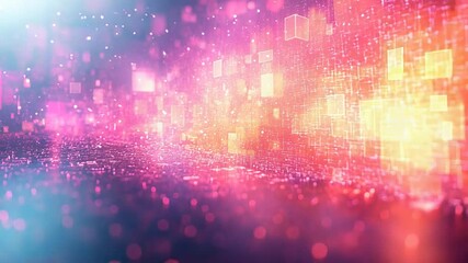 Digital data flowing through a complex network creating an abstract background of glowing particles and connected squares, representing technology, communication, and big data visualization - Powered by Adobe