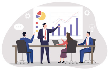 A workplace meeting focused on analyzing data, reviewing performance, and discussing business progress to drive decisions and strategies.