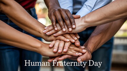 Human fraternity day unity teamwork hands together
