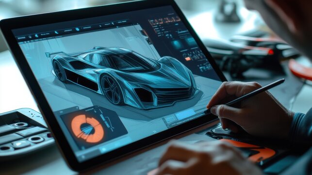 Automotive designer sketching a futuristic car on a digital tablet screen