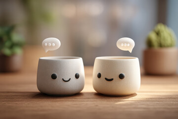 Chat-Themed Cute Ceramic Cups with Smiling Faces and Speech Bubbles on Wooden