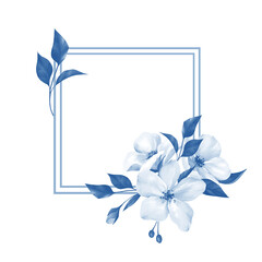 Hand drawn Blue Leaves and White Flowers Square Frame