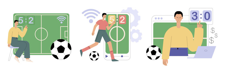Football. Sports games concept. Bookmaker market, wagering website, sports betting mobile app. Digital sports, e-sport league, online football tournament. Flat vector illustration for website, web ban