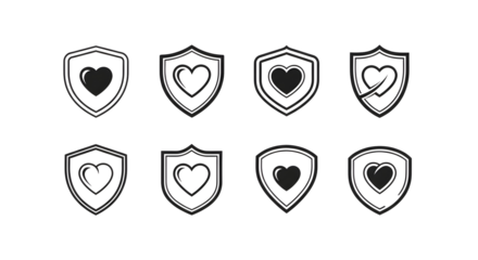 Set of Heart Shield Icons for Protection and Love.