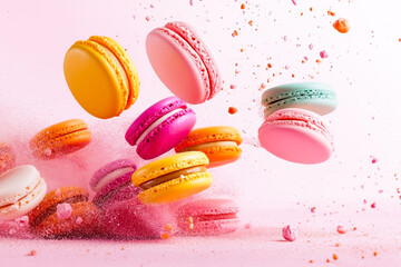 A dynamic shot of assorted colorful macarons bursting and scattering in mid-air.