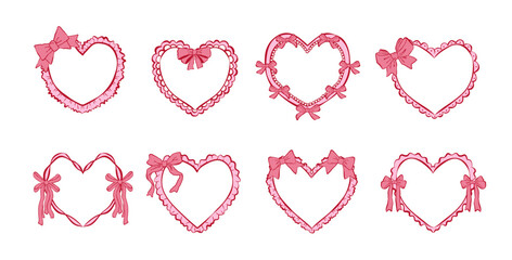 Set of pink heart frames with bows, frills and ribbons. Romantic clipart for Valentine’s Day cards, wedding invitations, scrapbooking, social media. Vector elements for anniversary and bridal projects
