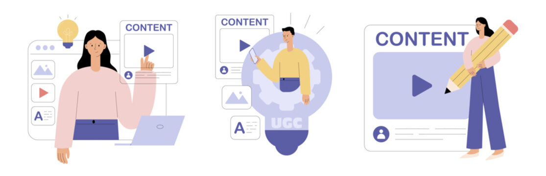 UGC concept set. User generated content. Social media marketing. Characters creating content in social media or website. Flat vector illustration for website, mobile app, web poster and banner