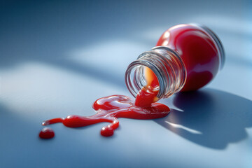 Ketchup Bottle Spilled on Surface in Natural Light with Artistic Focus on Texture and