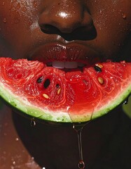 A close-up of a juicy, full mouth biting into a watermelon slice, dripping with fresh summer juice, showing the refreshing, fruity taste of the season.